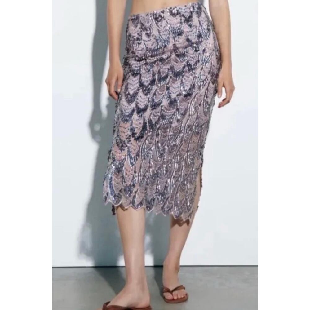 Zara Pink and Silver Sequined Midi Skirt